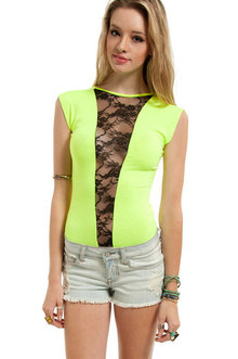 Laced Short Sleeve Bodysuit in Neon Yellow