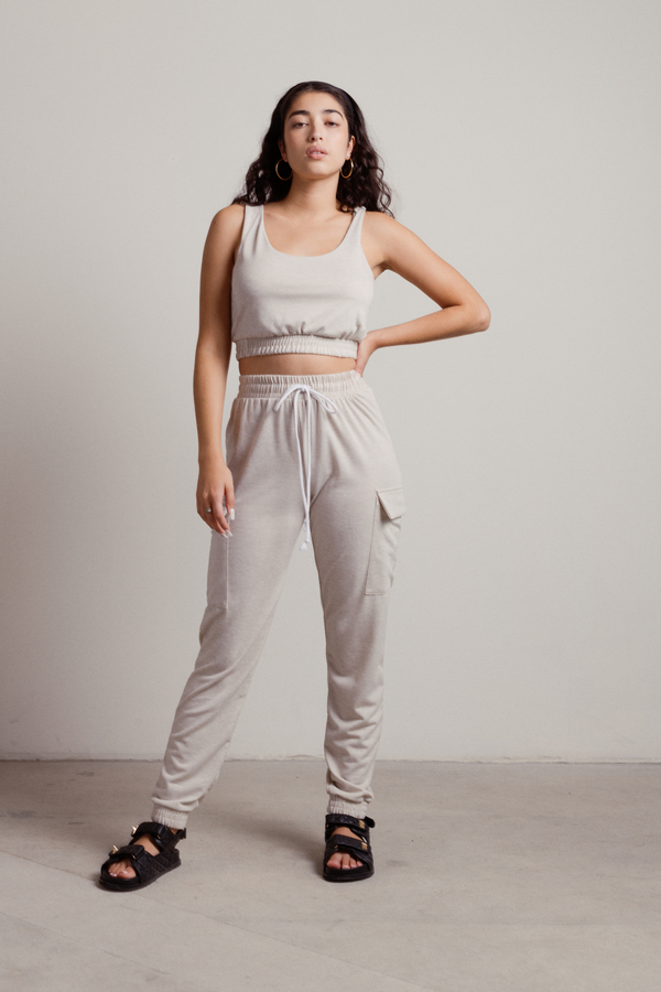 Another Listen Beige Lounge Crop Tank and Sweatpants Set