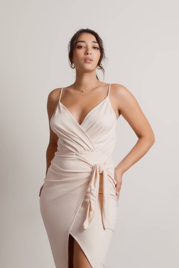 happiest hour beige asymmetrical bodycon midi dress