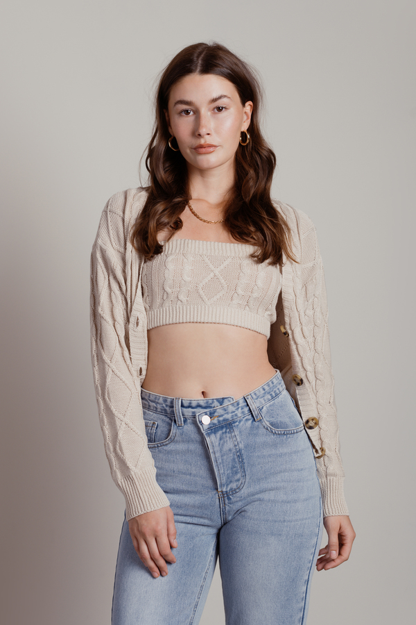 Isla Beige Two-Piece Cable Knit Crop Cardigan Set