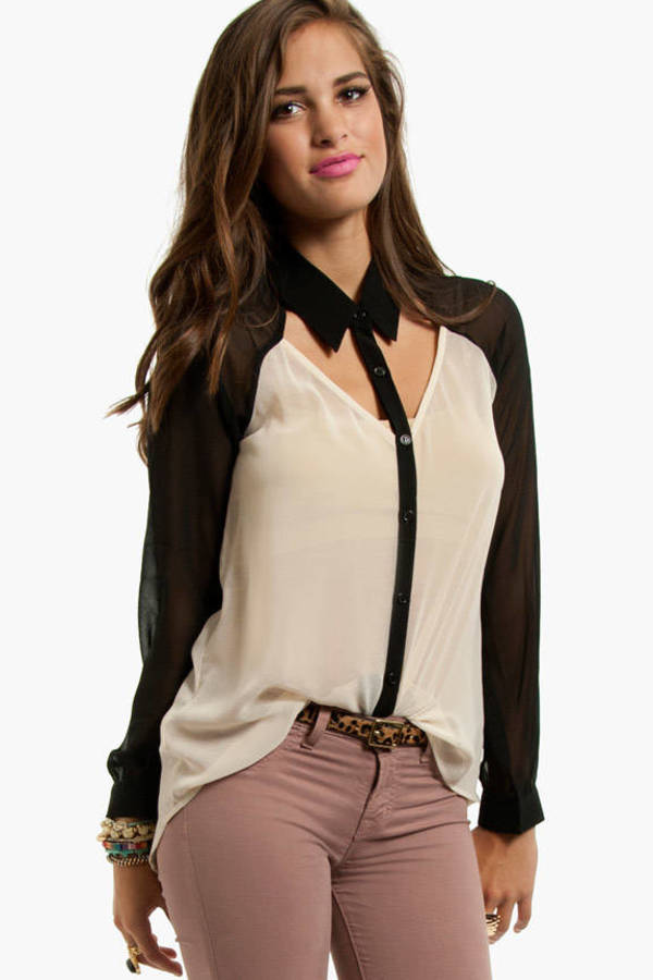 Modern Tux Button Up Blouse in Black and Ivory - $58 | Tobi US