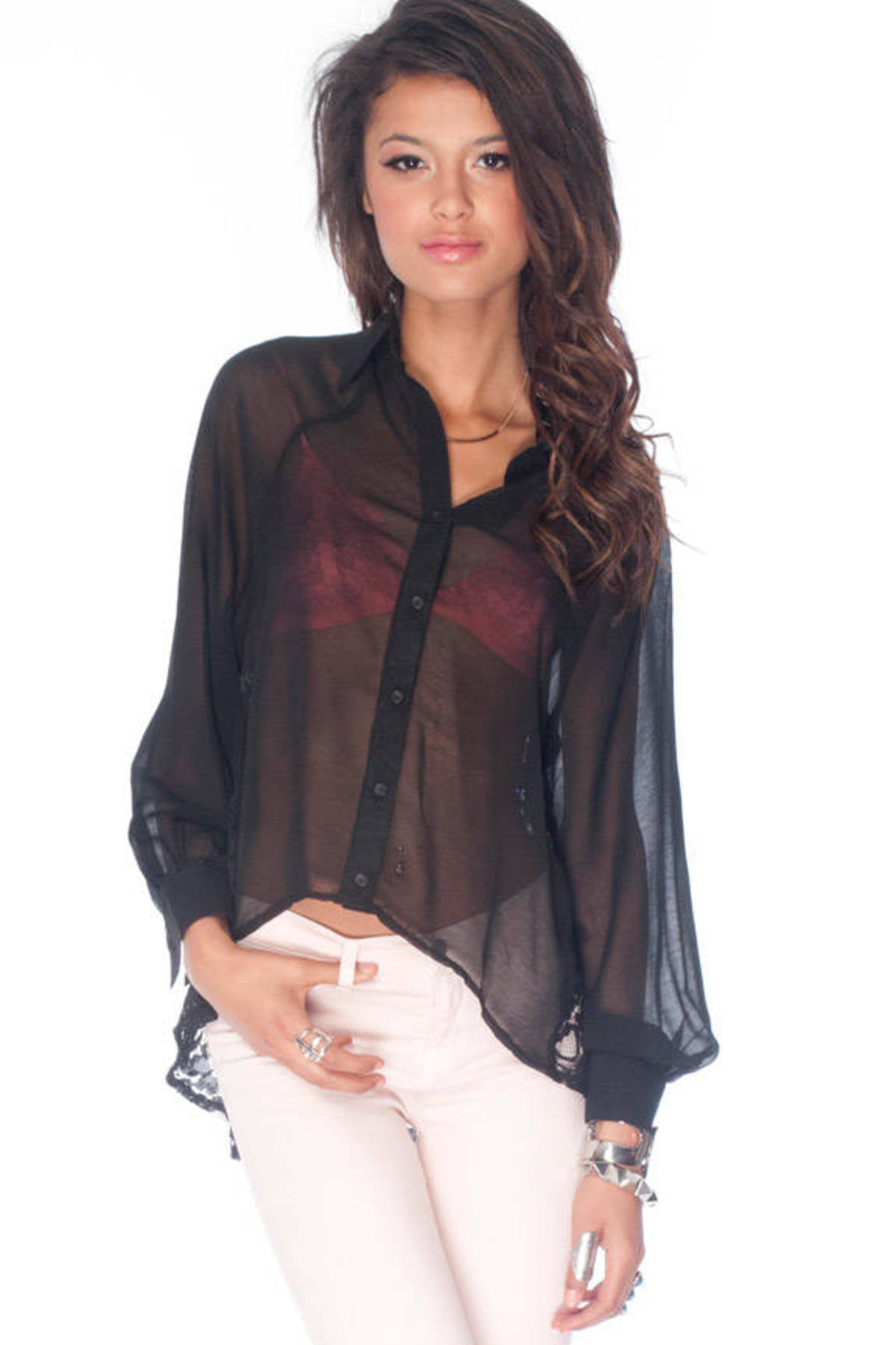 Back to Lace Button Down Blouse in Black - $23 | Tobi US
