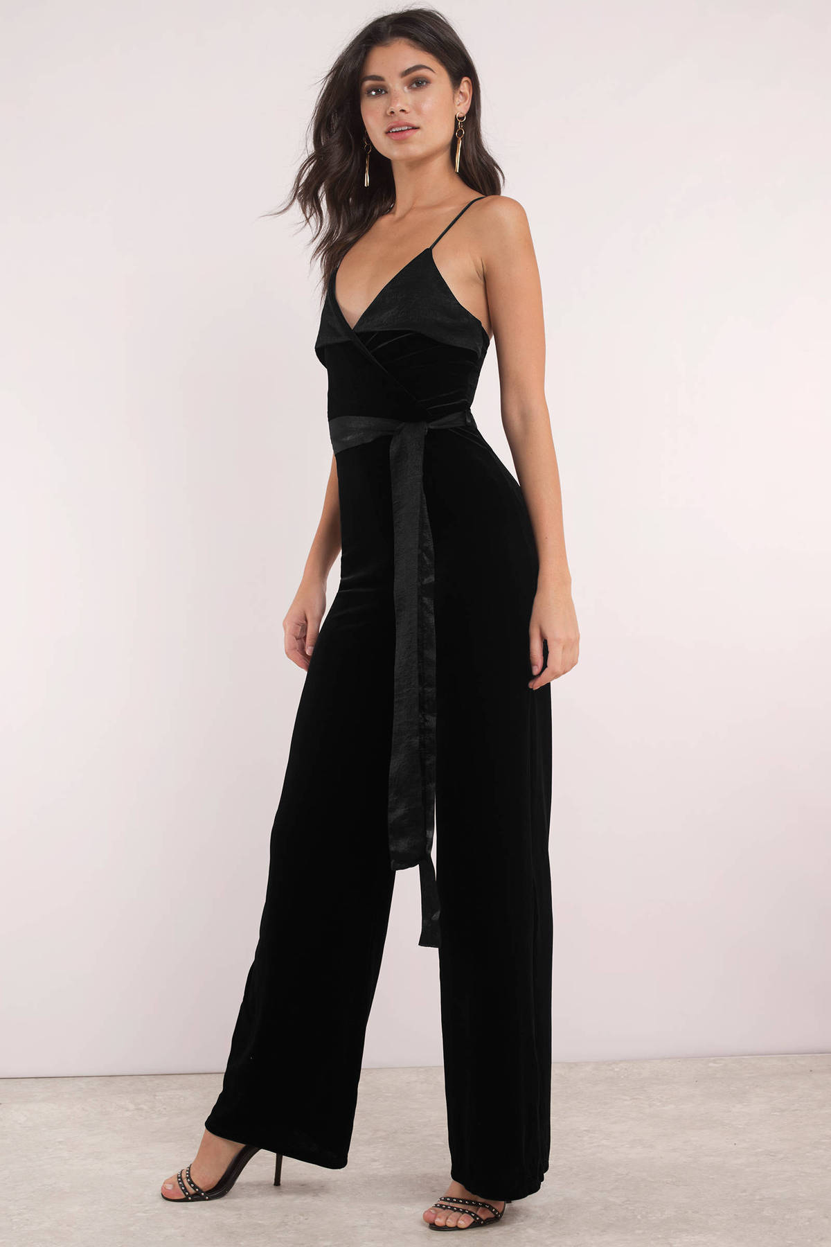 Cute Black Jumpsuit Plunging Neckline Front Tie Jumpsuit 7796