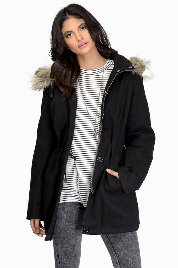 Trendy Black Coat - Faux Fur Trim Coat - Black Hooded Anorak Coat