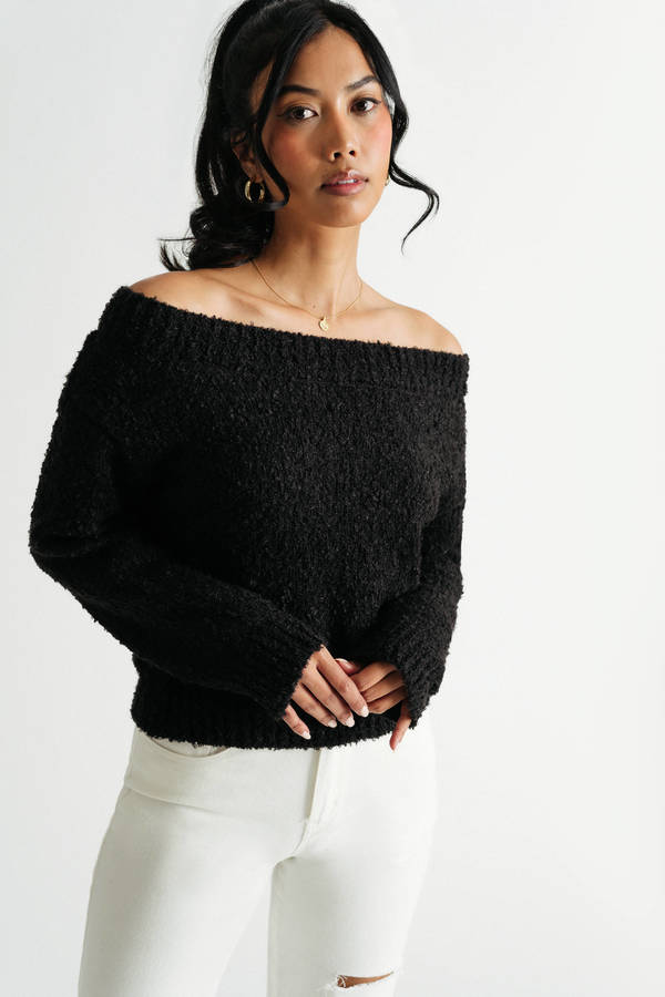 Extra Sweet Black Off Shoulder Fuzzy Sweater