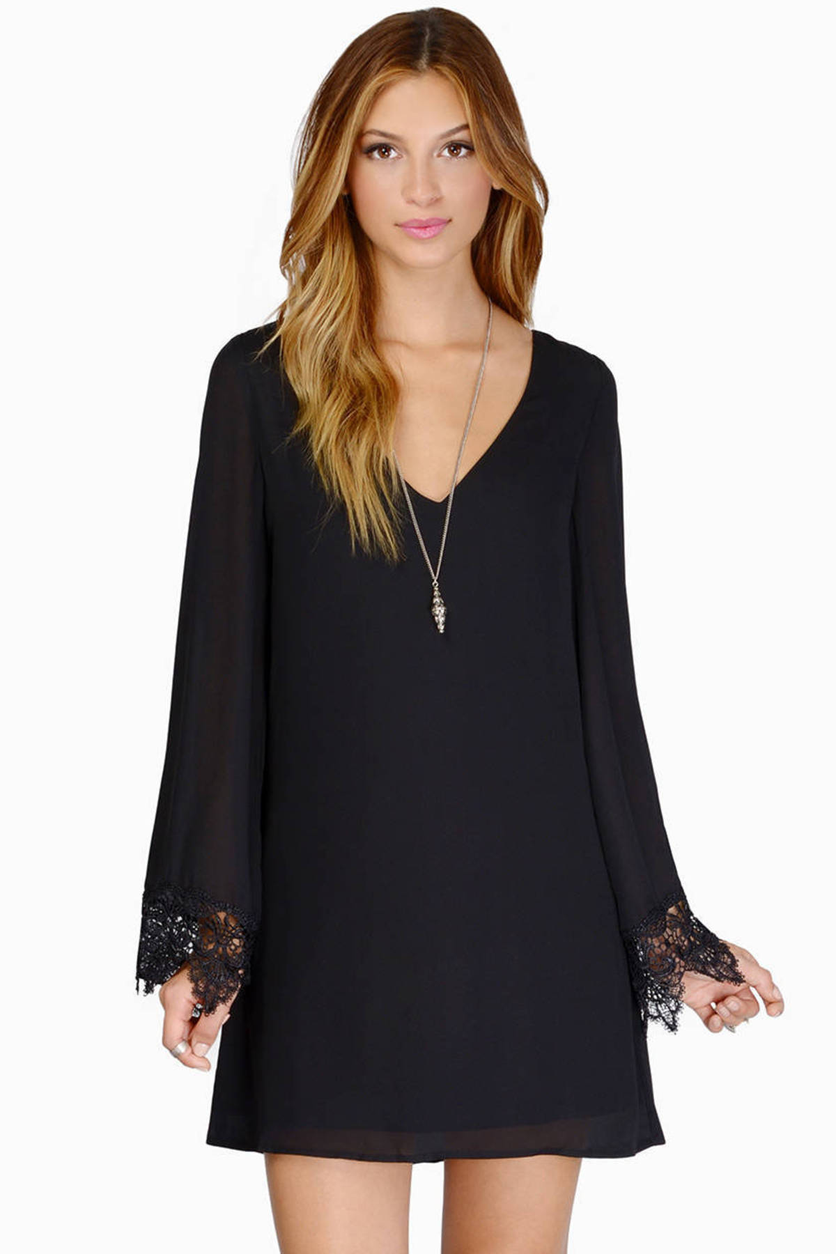 Black Wrap Dress - Lace Trim Long Sleeve Dress - Black V Back Dress