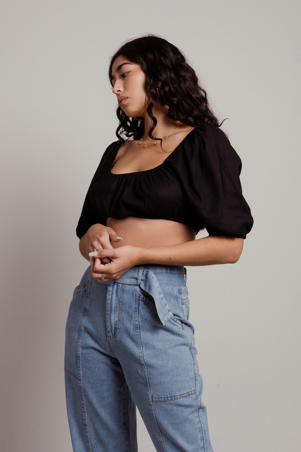 Leave Town Black Ruched Crop Top