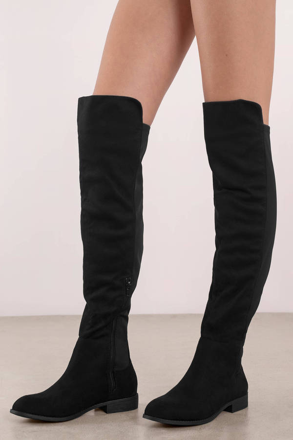 Black Boots - Flat Over The Knee Boots - Black Rounded Toe Boot