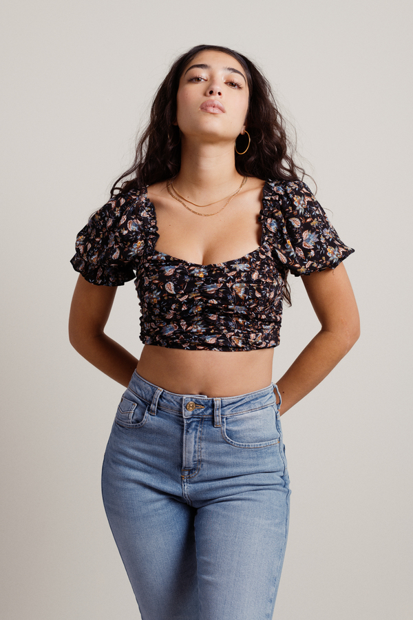 Falling Petals Black Multi Ruched Floral Puff Sleeve Crop Top