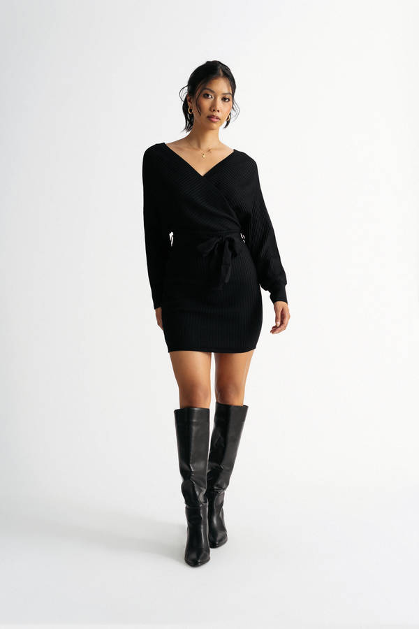 Rachael Black Wrap Tie Bodycon Sweater Dress