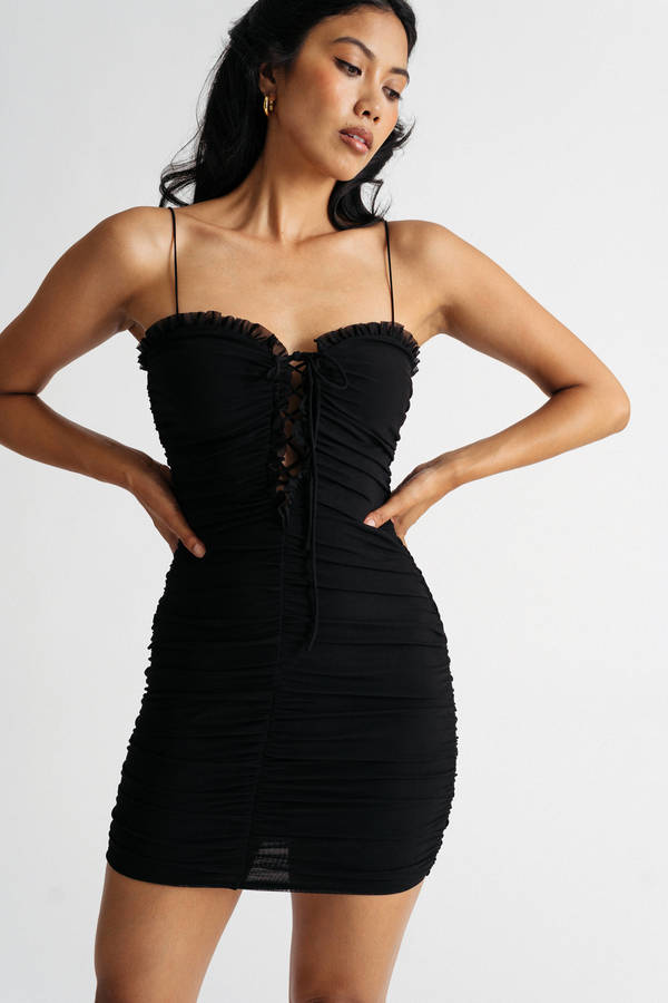 Rai Black Ruffled and Ruched Lace-Up Mesh Bodycon Dress