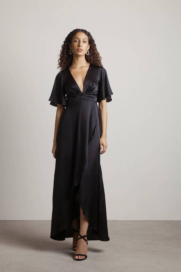 The Joy Of It Black Satin Twist High-Low Maxi Dress