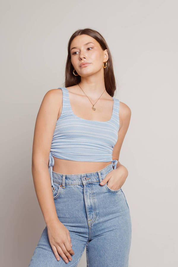 Amisa Blue Striped Side Ruched Crop Tank Top
