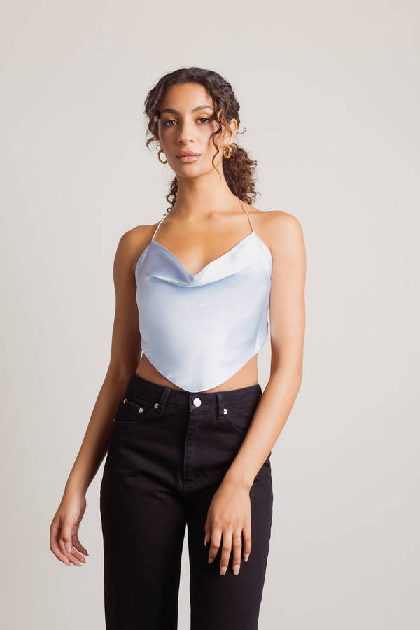 These Days Blue Satin Cowl Neck Crop Tank Top