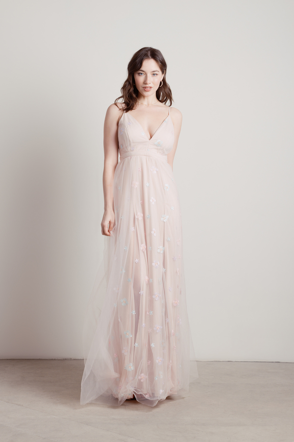 Spring Flowers Blush Embroidered Mesh Maxi Dress