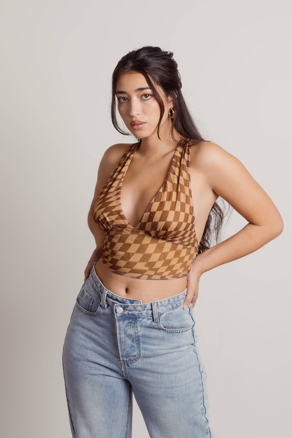 Fall Off Brown Checkered Plunging Crop Top