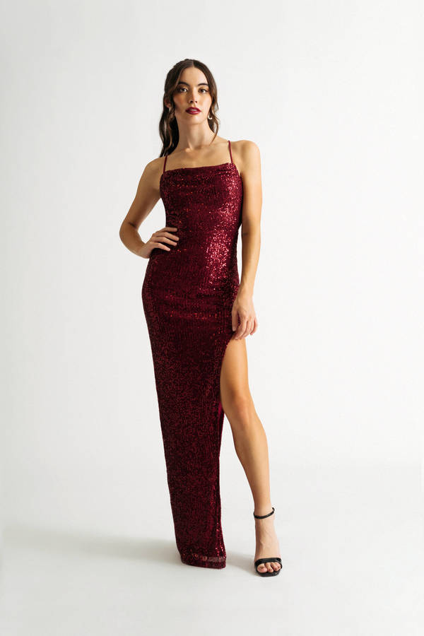All About Me Burgundy Sequin Backless Slit Maxi Dress