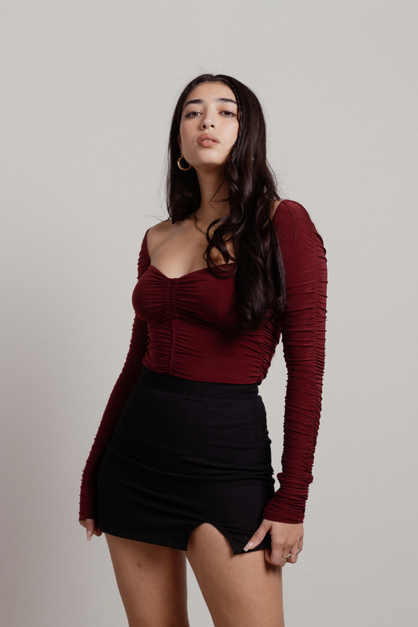 One And Done Burgundy Ruched Bust Sweetheart Bodysuit