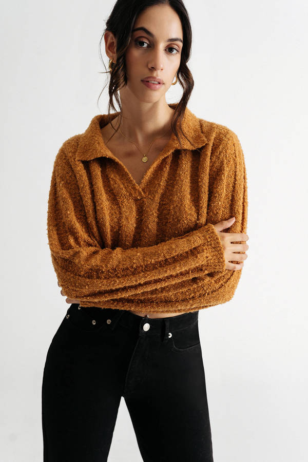 Gimme More Camel Collared Crop Sweater Top