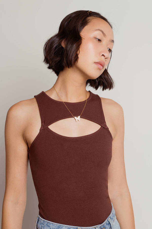 Adeline Chocolate Brown Ribbed Cutout Tank Top