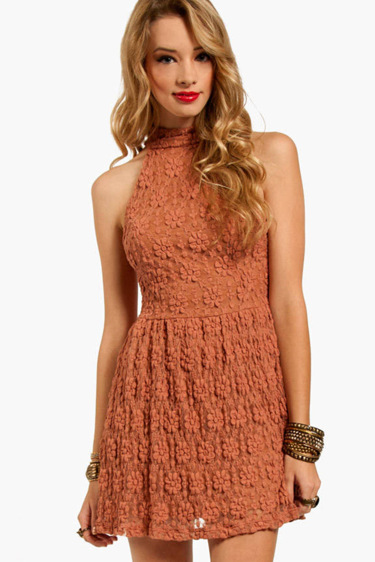 Floral Imprint High Neck Dress In Cinnamon 15 Tobi Us 7047