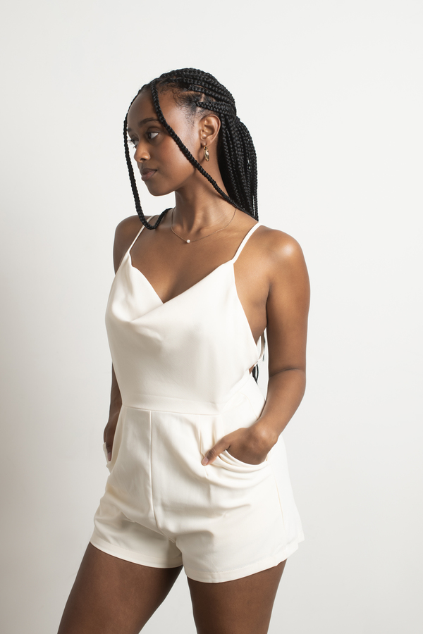 Don't Call Me Cream Slinky Cowl Neck Backless Romper