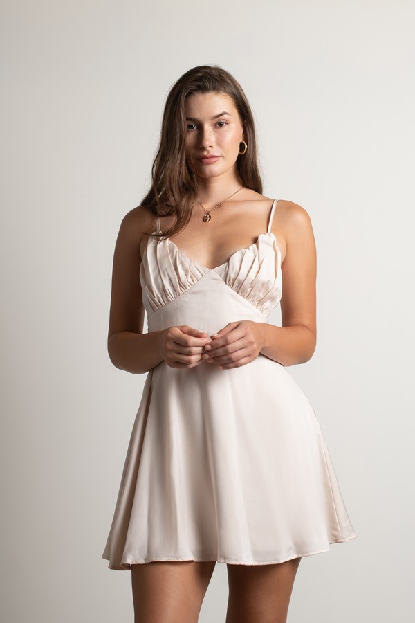 Heavenly Touch Cream Satin Ruched Mini Skater Dress