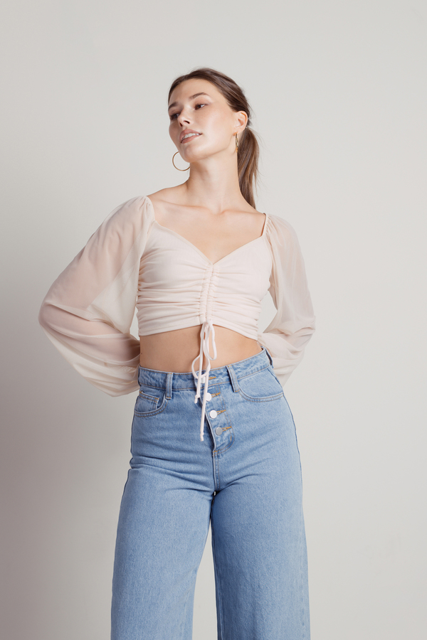In The Abyss Cream Ruched Mesh Crop Top