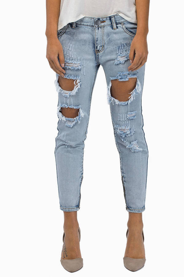 Blue Jeans - Cotton Skinny Jeans - Blue Torn Up Jeans - Ankle Length Jeans