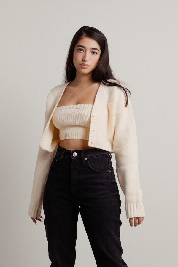 Sofie Ecru Sweater Tube Top & Cropped Cardigan Set