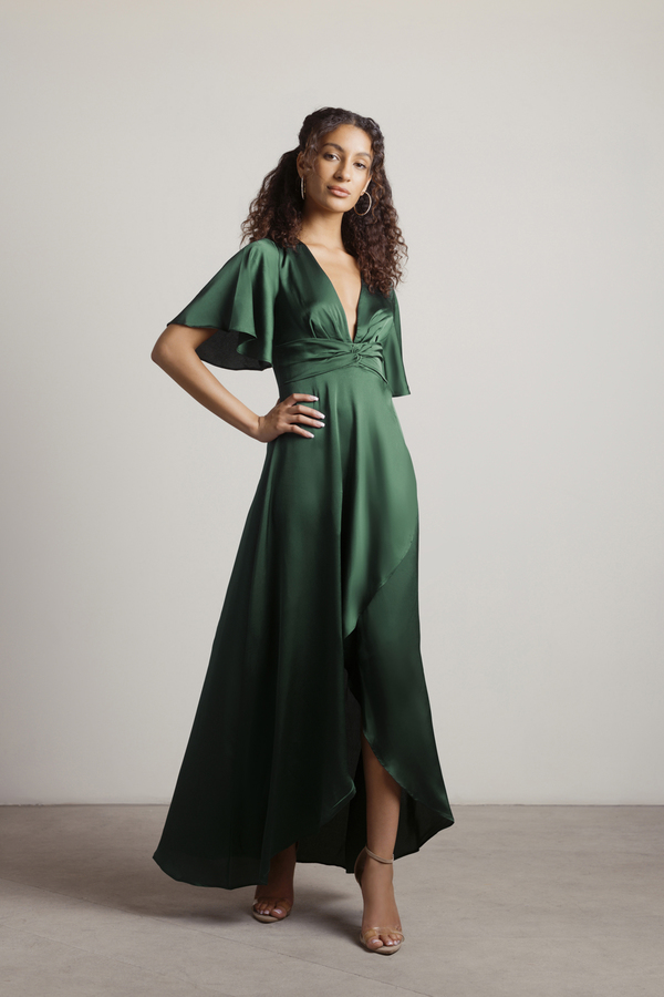 The Joy Of It Emerald Satin Twist High-Low Maxi Dress