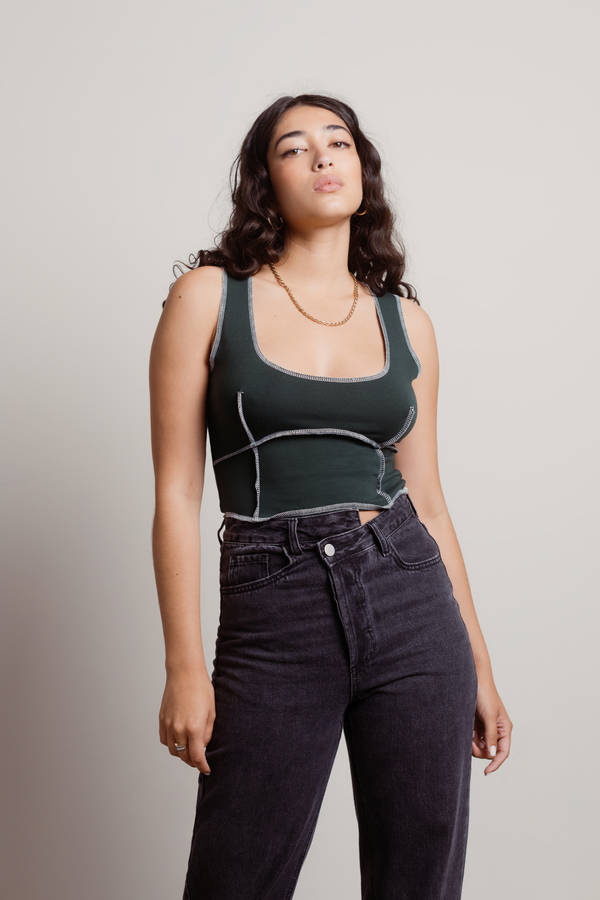 Elevated Green Contrast Exposed Stitch Crop Tank