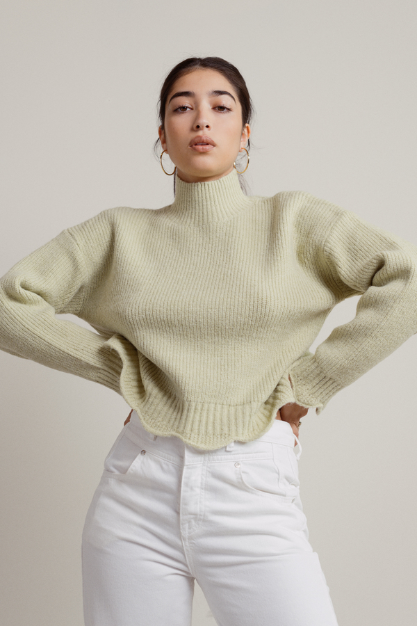 Extra Passion Green Ribbed Mock Neck Scallop Hem Sweater