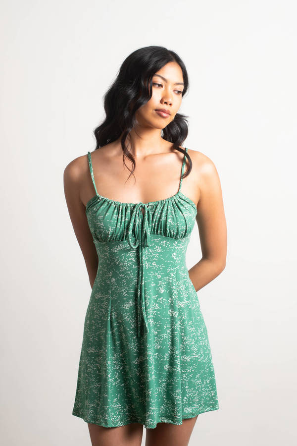 Lizzy Green Floral Ruched Skater Mini Dress