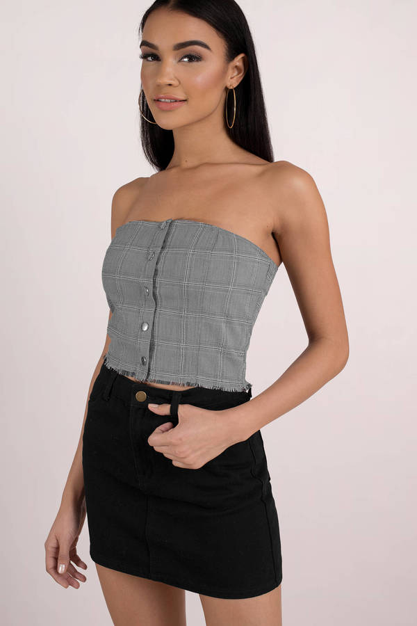 Honey Punch No Straps Attached Grey Multi Plaid Crop Top
