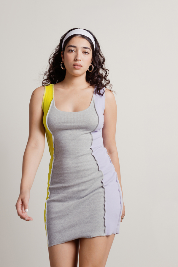 Saucy Grey Multi Exposed Stitch Colorblock Bodycon Dress