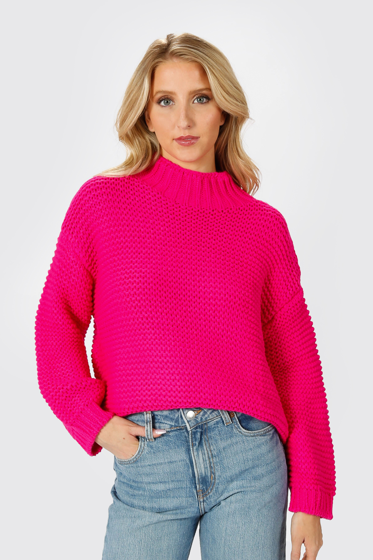 Hot Pink Sweater - Bubble Sleeve Chunky Knit Sweater - Mock Neckline ...