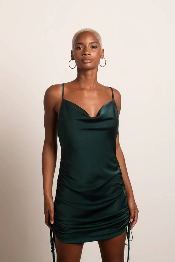 All In Time Hunter Green Satin Cowl Neck Ruched Mini Dress