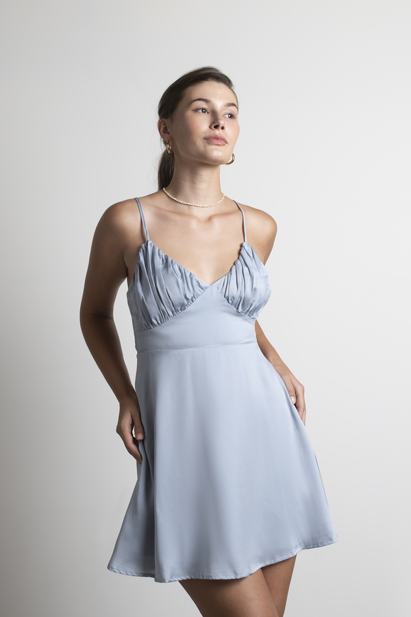 Heavenly Touch Icy Blue Satin Ruched Mini Skater Dress