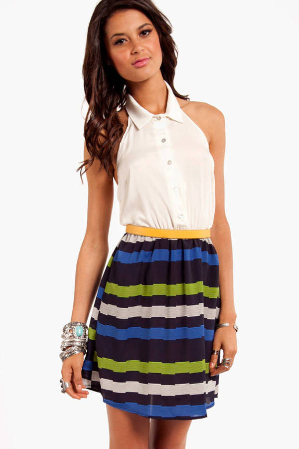 Halter Shirt and Striped Combo Dress in Ivory and Navy - $13 | Tobi US