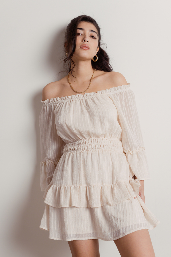 white off shoulder bell sleeve dress