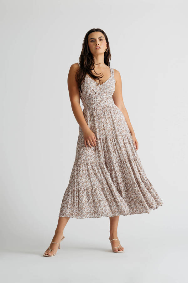 Soft Moment Ivory Multi Floral Tie-Back Tiered Midi Dress