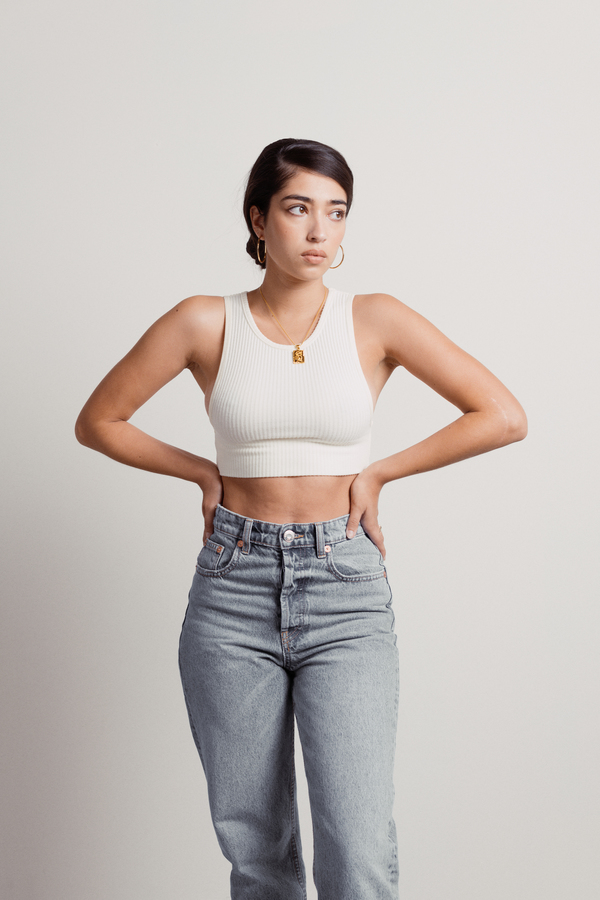 Open Sides Ivory Ribbed Crop Tank Top