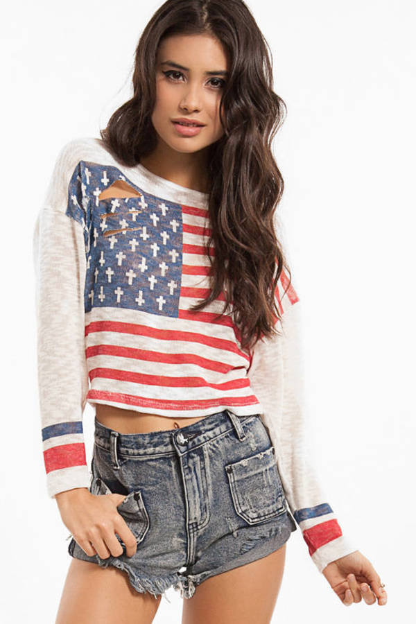 Torn American Flag Sweater in Ivory - $38 | Tobi US