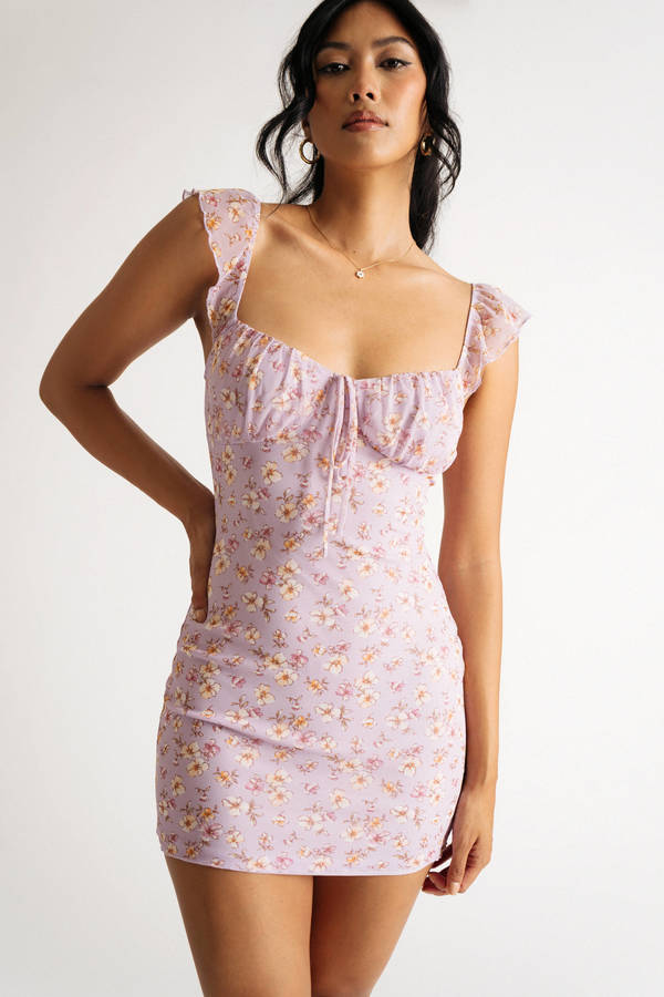 Jelian Lavender Floral Mesh Bodycon Mini Dress