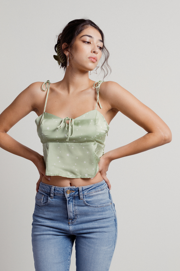On A Whim Light Green Tie-Strap Star Satin Top