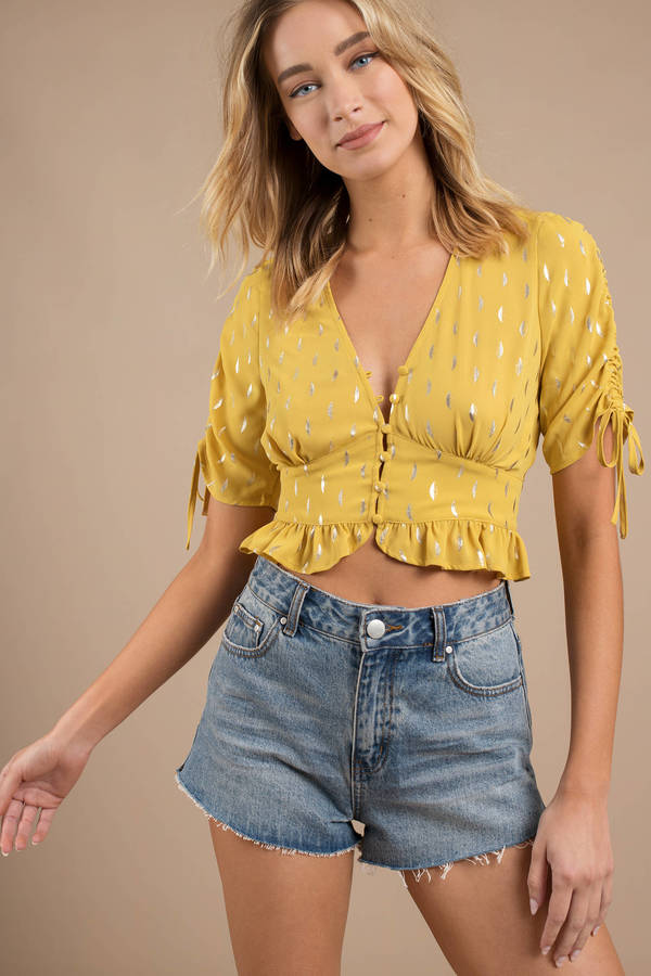 Mimo Marigold Ruched Sleeve Button Front Crop Top
