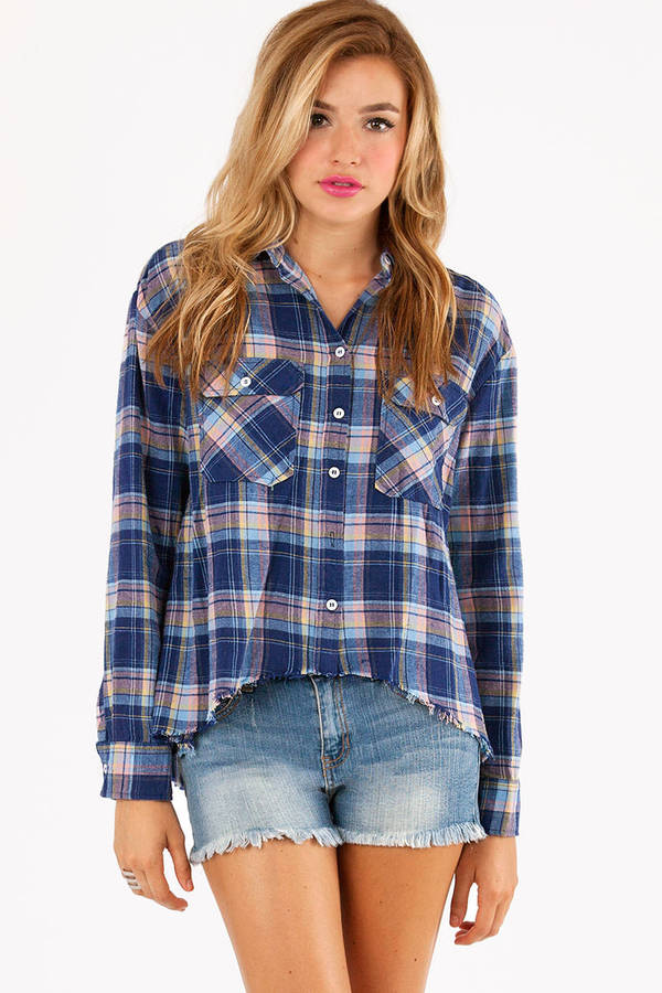 Plaid Pocket Button Up Shirt in Navy and Coral - $52 | Tobi US