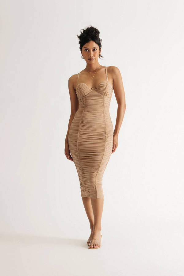 That Girl Nude Ruched Bustier Bodycon Midi Dress