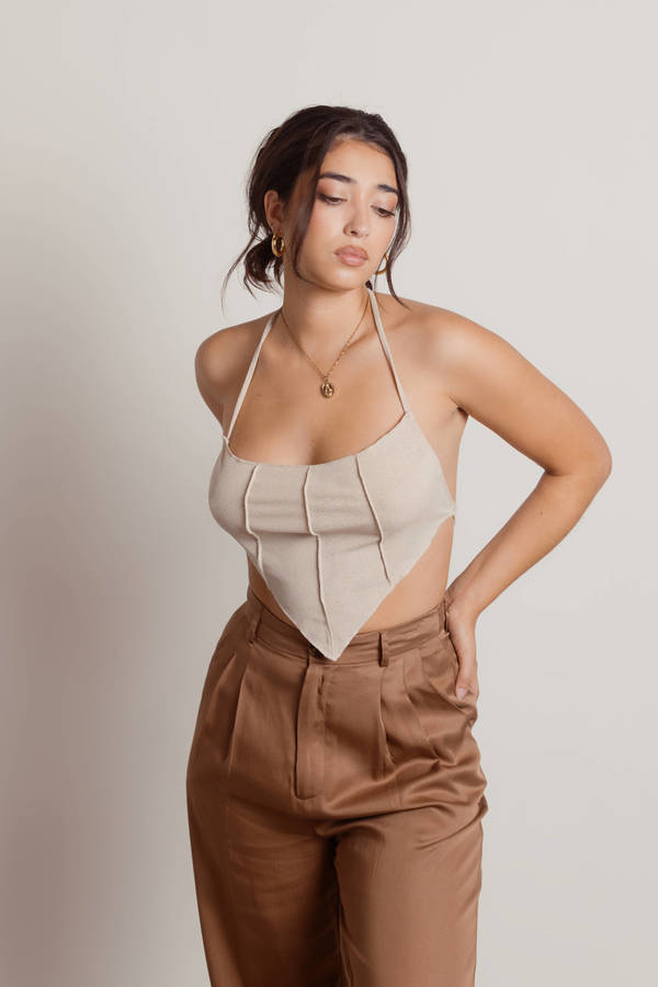 Evolved Oatmeal Exposed Stitch Halter Crop Top